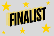 Graphic with the word “Finalist” in bold black lettering on a light grey background, surrounded by yellow stars.