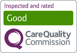 Care Quality Commission (CQC) rating badge with the text "Inspected and rated Good" above the CQC logo on a light grey background. The rating is displayed in white text on a green rectangle.