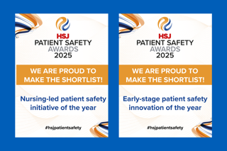 Two white certificates with an orange banner on a blue background announcing 'We are proud to make the shortlist' at the HSJ Awards